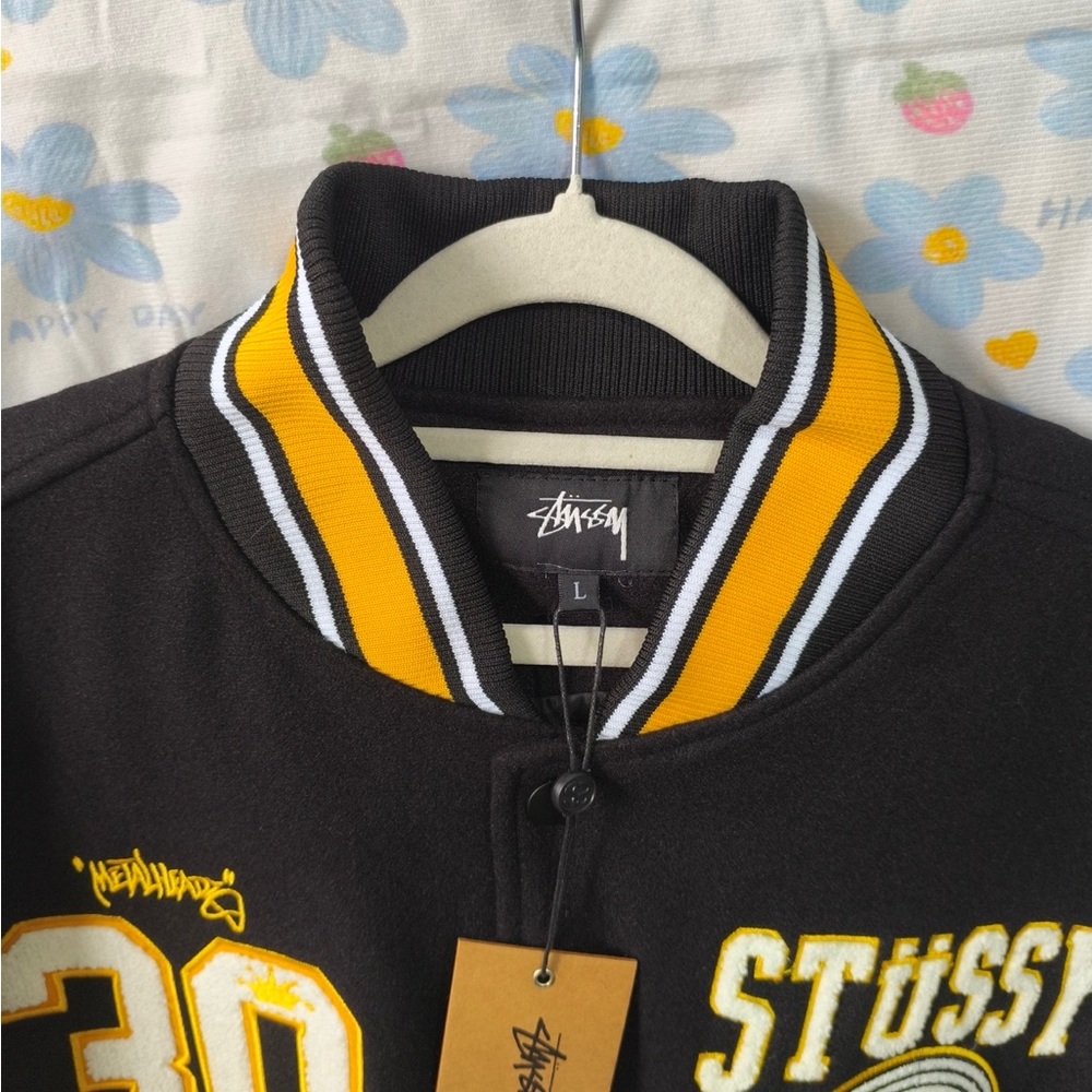 Stussy Black, White & Yellow Varsity Bomber Jacket - Picture 2 of 11